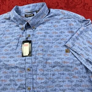 NEW Solaris Shirt Men's 4XB BIG Blue Fish Print Short Sleeve Button Beach‎ Camp